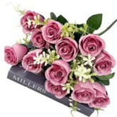 Huitich artificial flower arrangement dark pink roses with green leaves and white accents